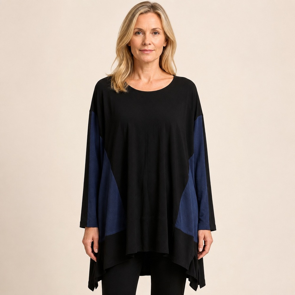 Alembika XS Black Navy Colorblock Oversized Tunic Top Hi Low Hem Lagenlook SZ XS